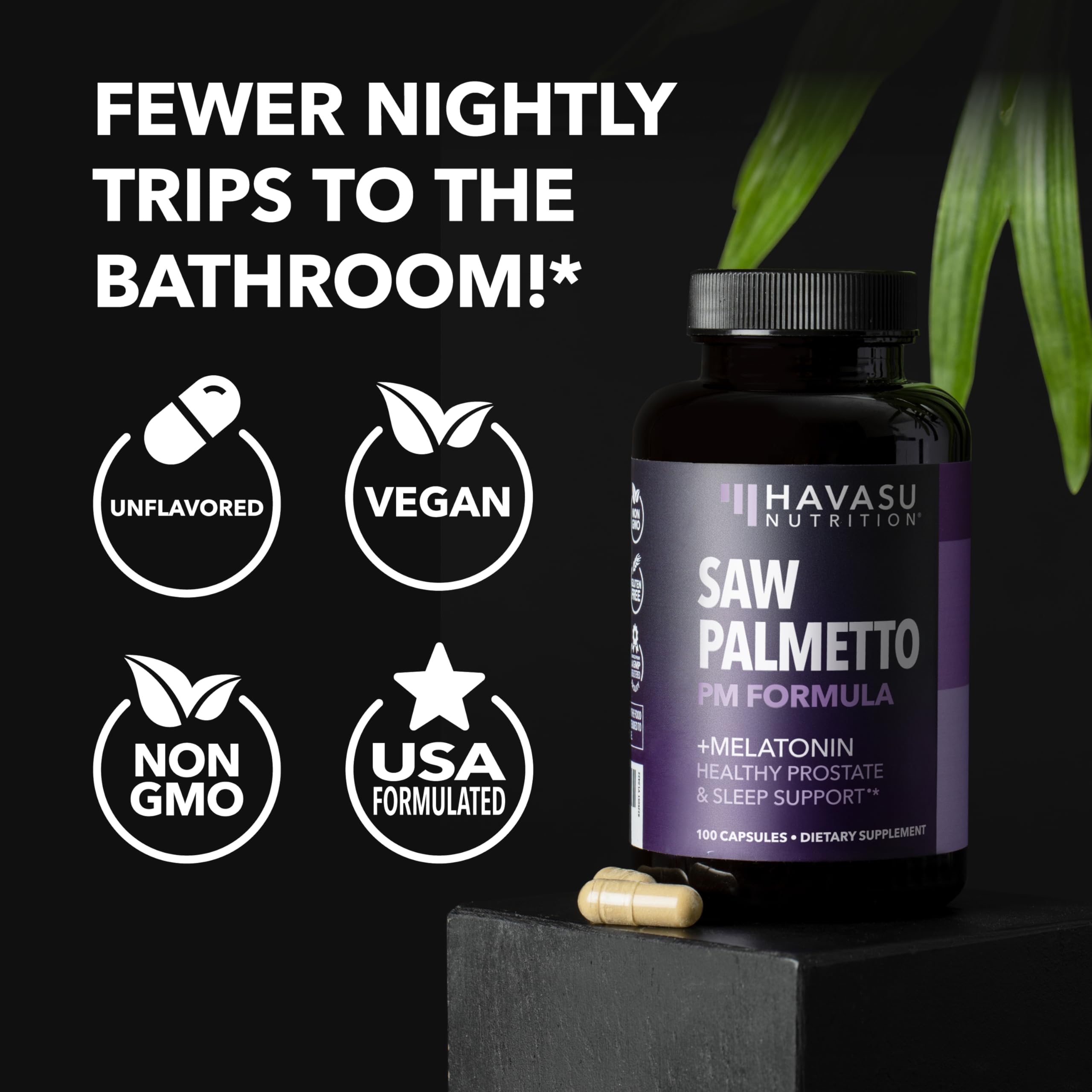 HAVASU NUTRITION Saw Palmetto PM vegan and non-GMO badge for clean choice.