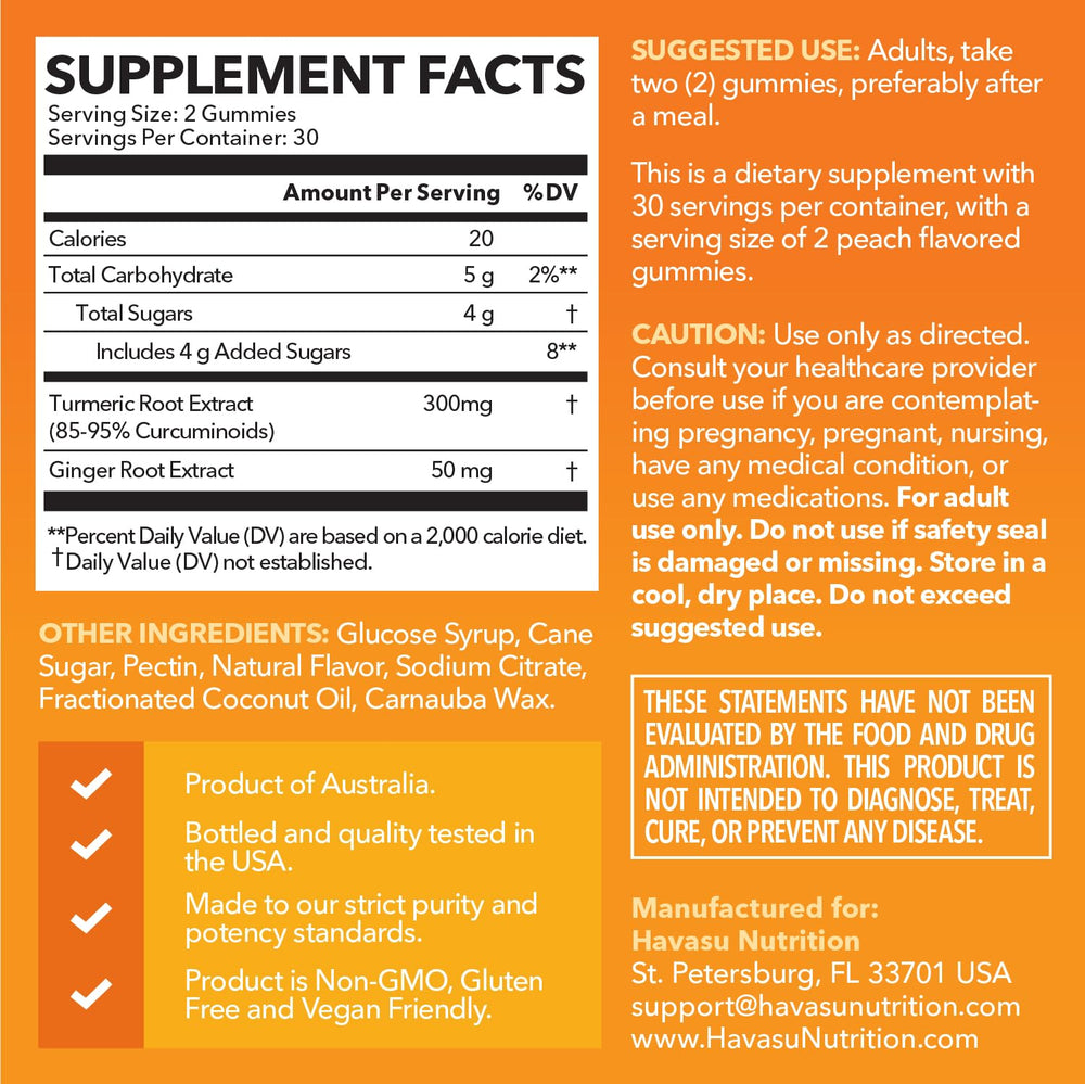 Havasu turmeric-ginger gummies close-up highlighting 95% curcuminoids for potential daily wellness.