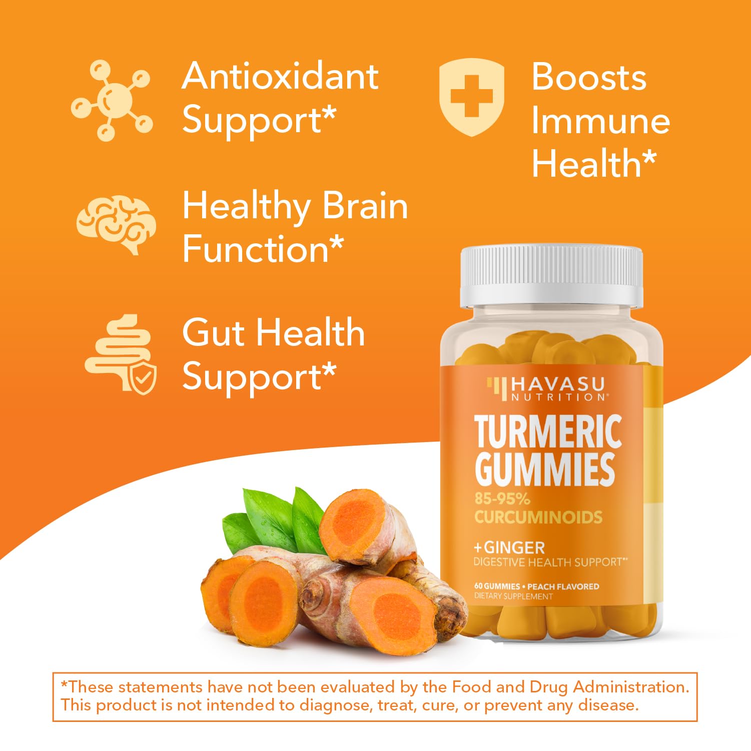 Havasu turmeric-ginger gummies with ginger root accent for digestive comfort.