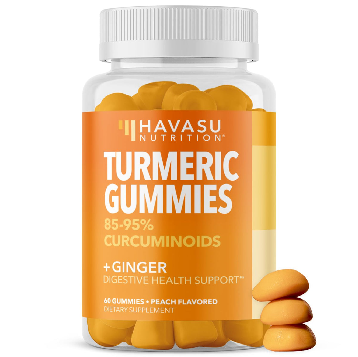 Havasu Nutrition turmeric-ginger gummies peach bottle — convenient daily support for digestion and immune wellness.
