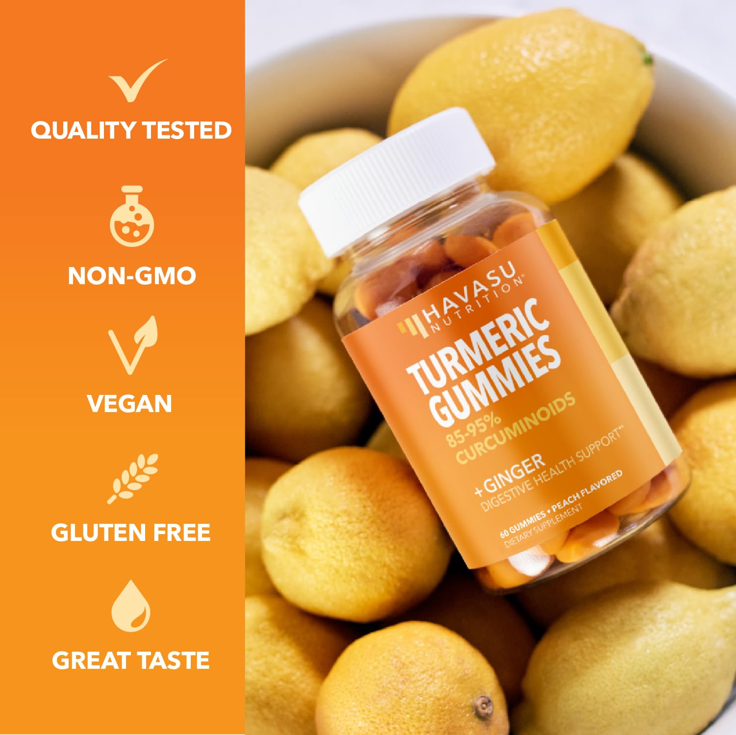 Havasu turmeric-ginger gummies peach label highlighting 60-count supply.
