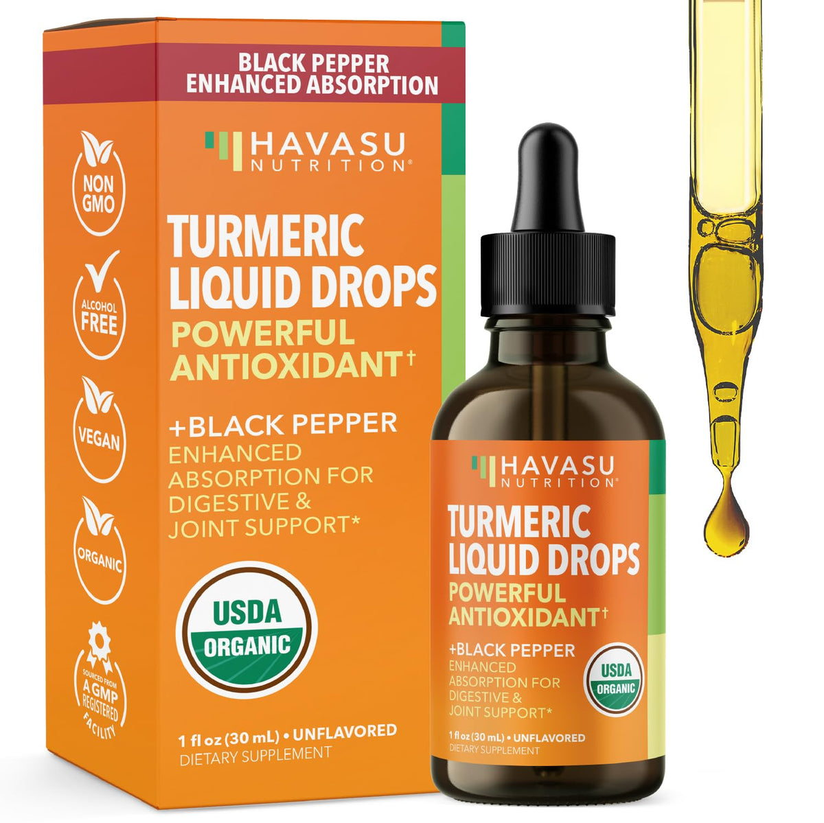 HAVASU Nutrition turmeric liquid drops in amber bottle for easy dosing and absorption