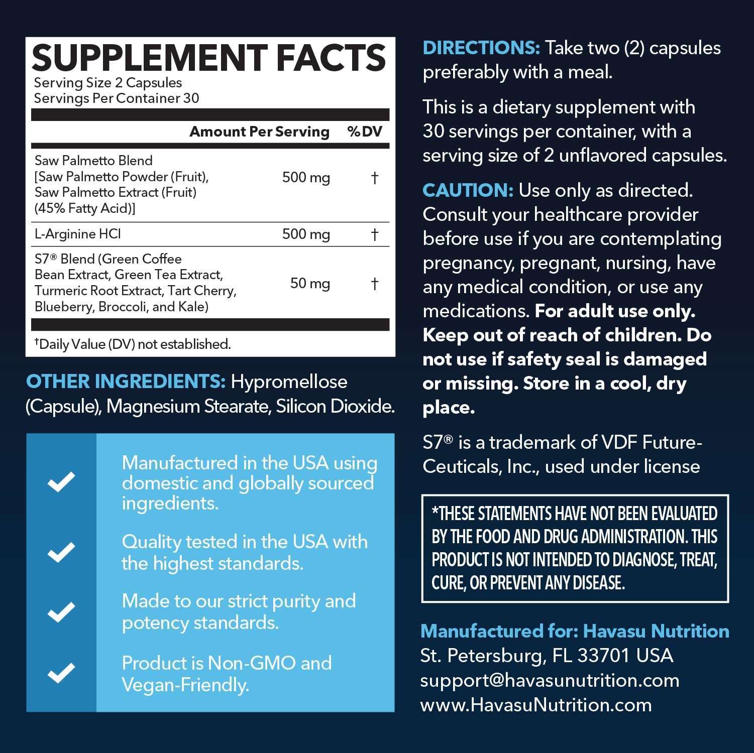HAVASU NUTRITION Saw Palmetto 500mg label close-up highlighting ingredients and vegan formula