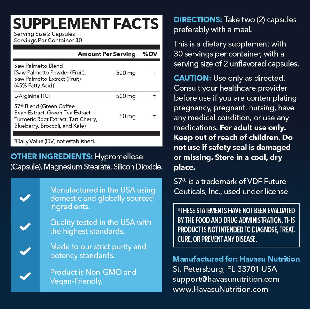 HAVASU NUTRITION Saw Palmetto 500mg label close-up highlighting ingredients and vegan formula