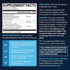 HAVASU NUTRITION Saw Palmetto 500mg label close-up highlighting ingredients and vegan formula