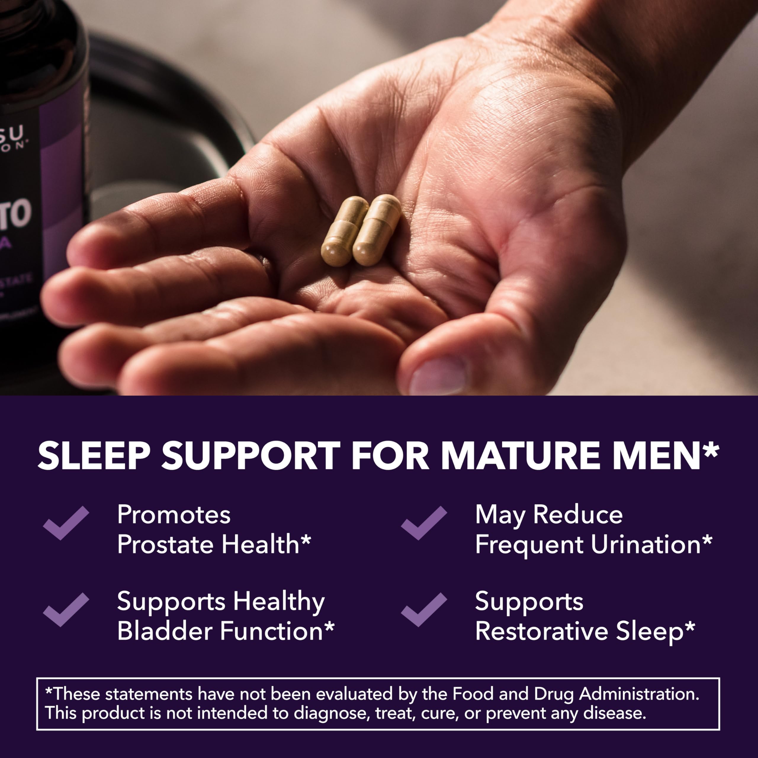 HAVASU Saw Palmetto PM bottle and capsules on nightstand for sleep and prostate routine.