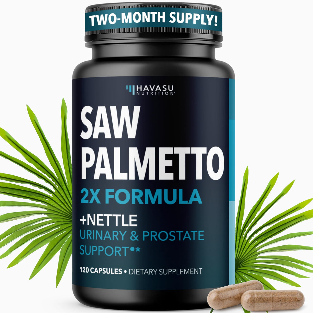 HAVASU Nutrition Saw Palmetto capsules bottle with 2X formula for urinary support