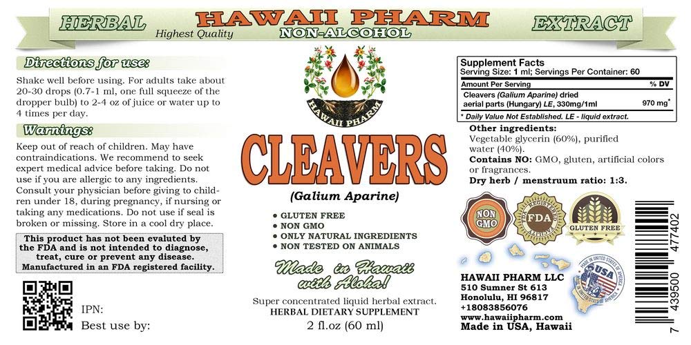 Hawaii Pharm Cleavers liquid extract dropper, easy to blend into beverages.