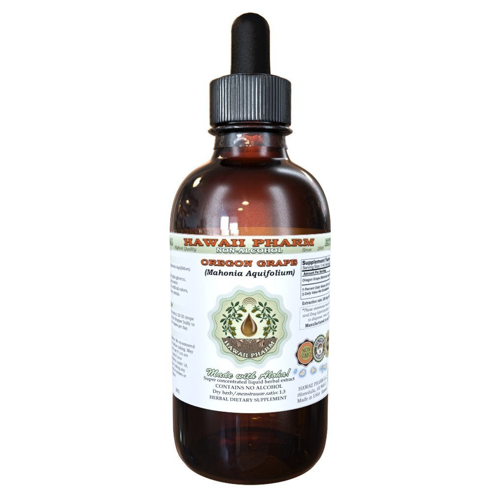 Hawaii Pharm Oregon Grape bottle pouring, alcohol-free glycerite for daily wellness support