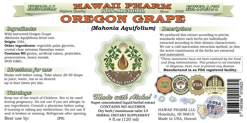 Hawaii Pharm Oregon Grape dried root detail, high-strength glycerite crafted with care