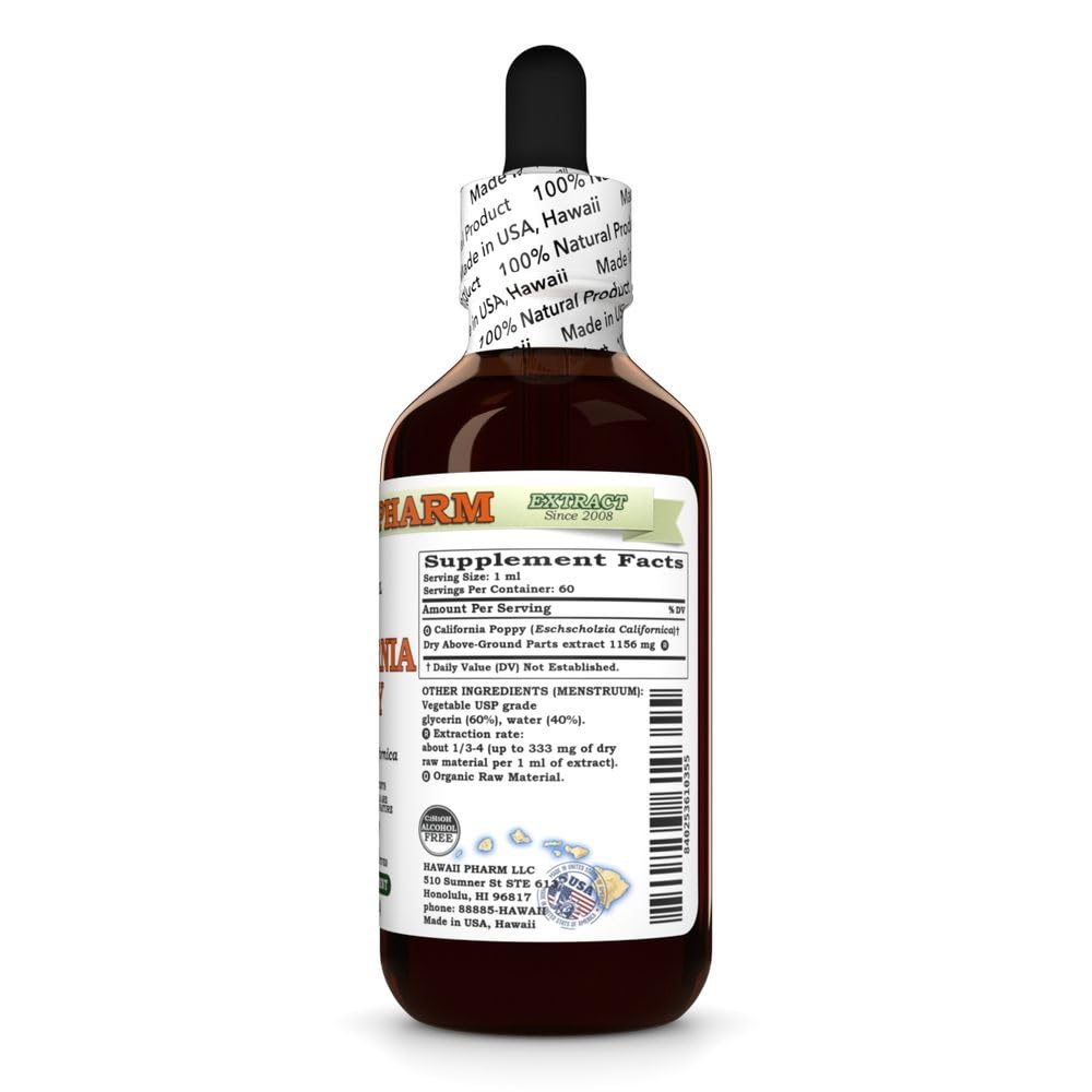 Hawaii Pharm California Poppy label showing alcohol-free formulation and USA-made quality.