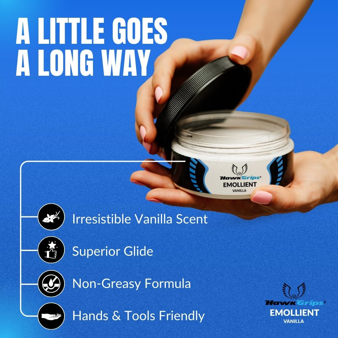 HawkGrips Emollient Cream vanilla ingredients showcase shea butter and vegan formula for skin care