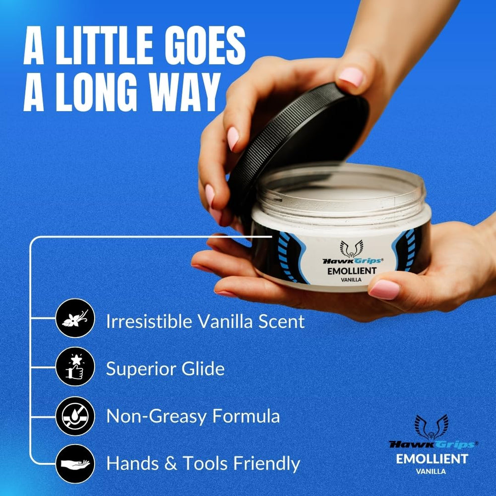 HawkGrips Emollient Cream vanilla ingredients showcase shea butter and vegan formula for skin care