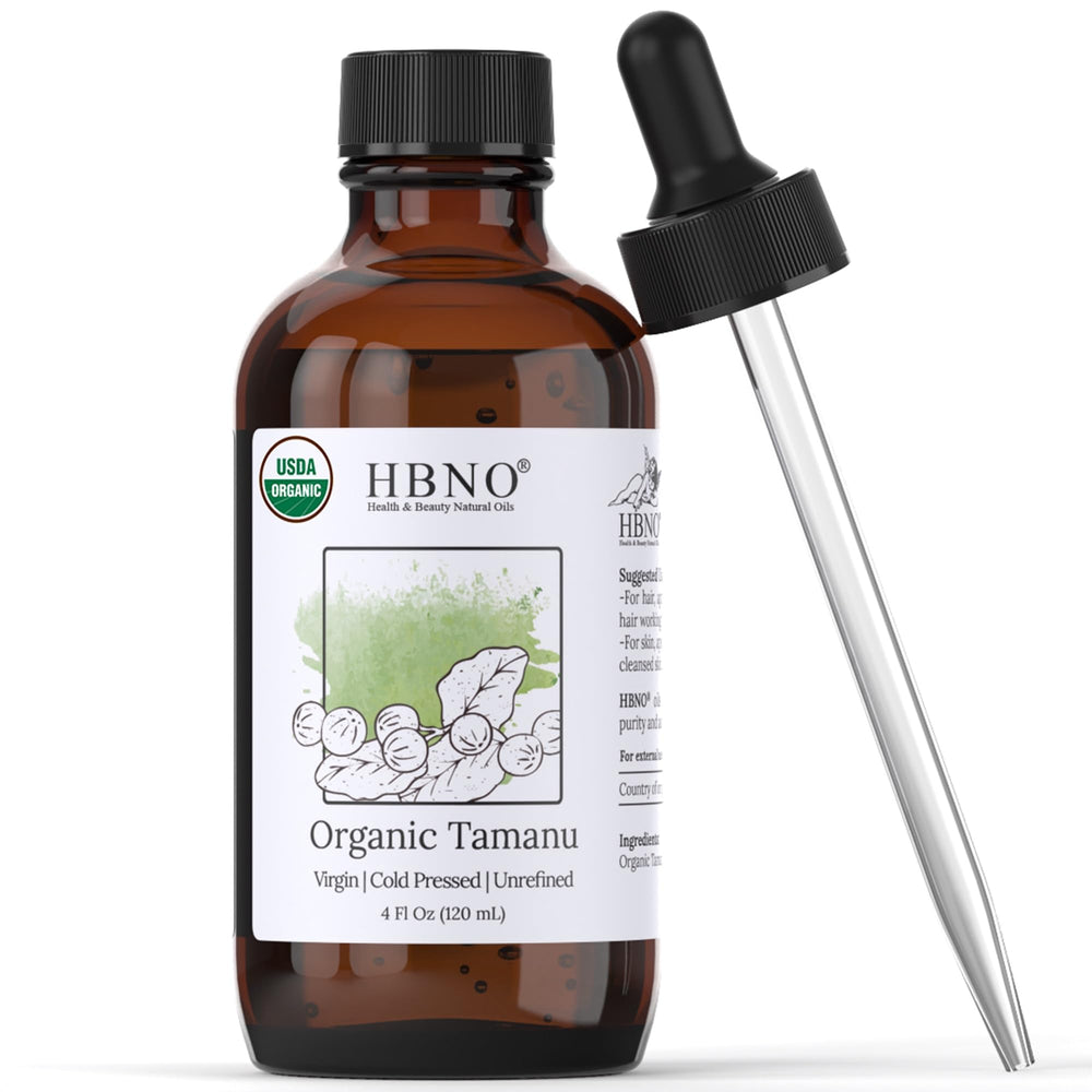 HBNO California Tamanu Oil bottle label with organic certification.
