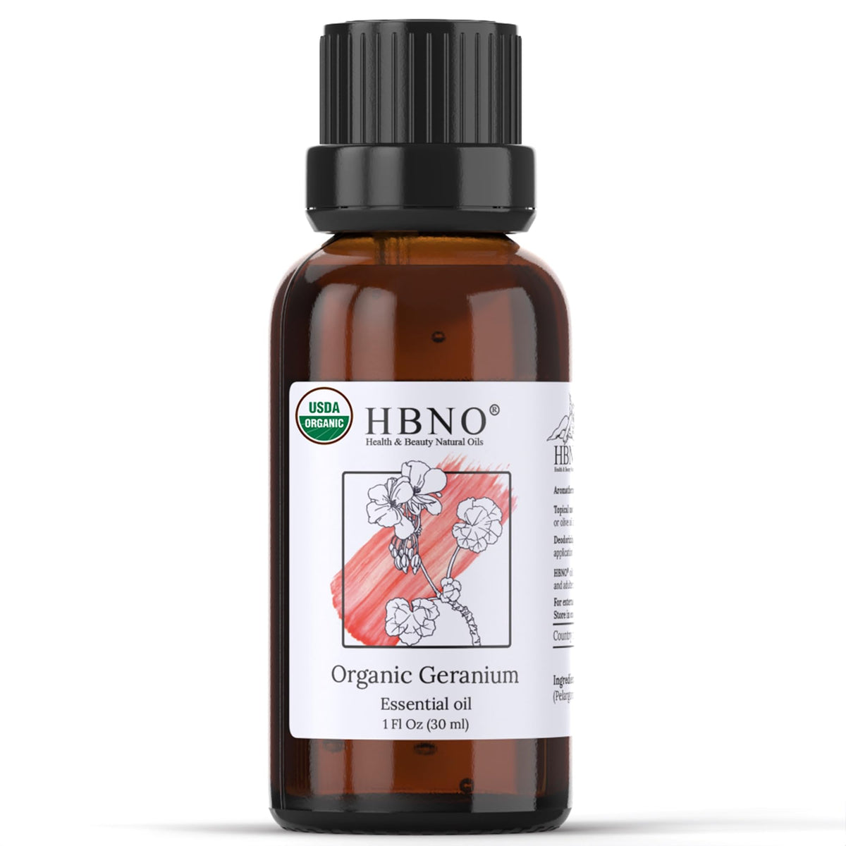 HBNO geranium essential oil bottle in amber glass for pure aromatherapy