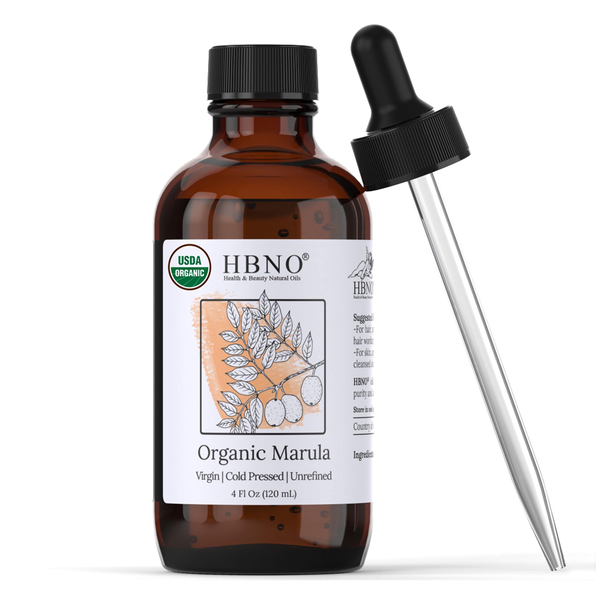 HBNO Organic Marula Oil 4 oz bottle pour for lightweight facial and body care