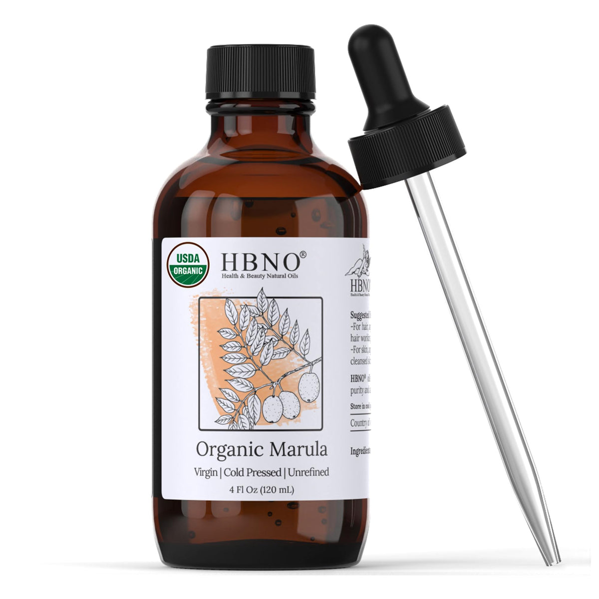 HBNO Organic Marula Oil 4 oz bottle pour for lightweight facial and body care