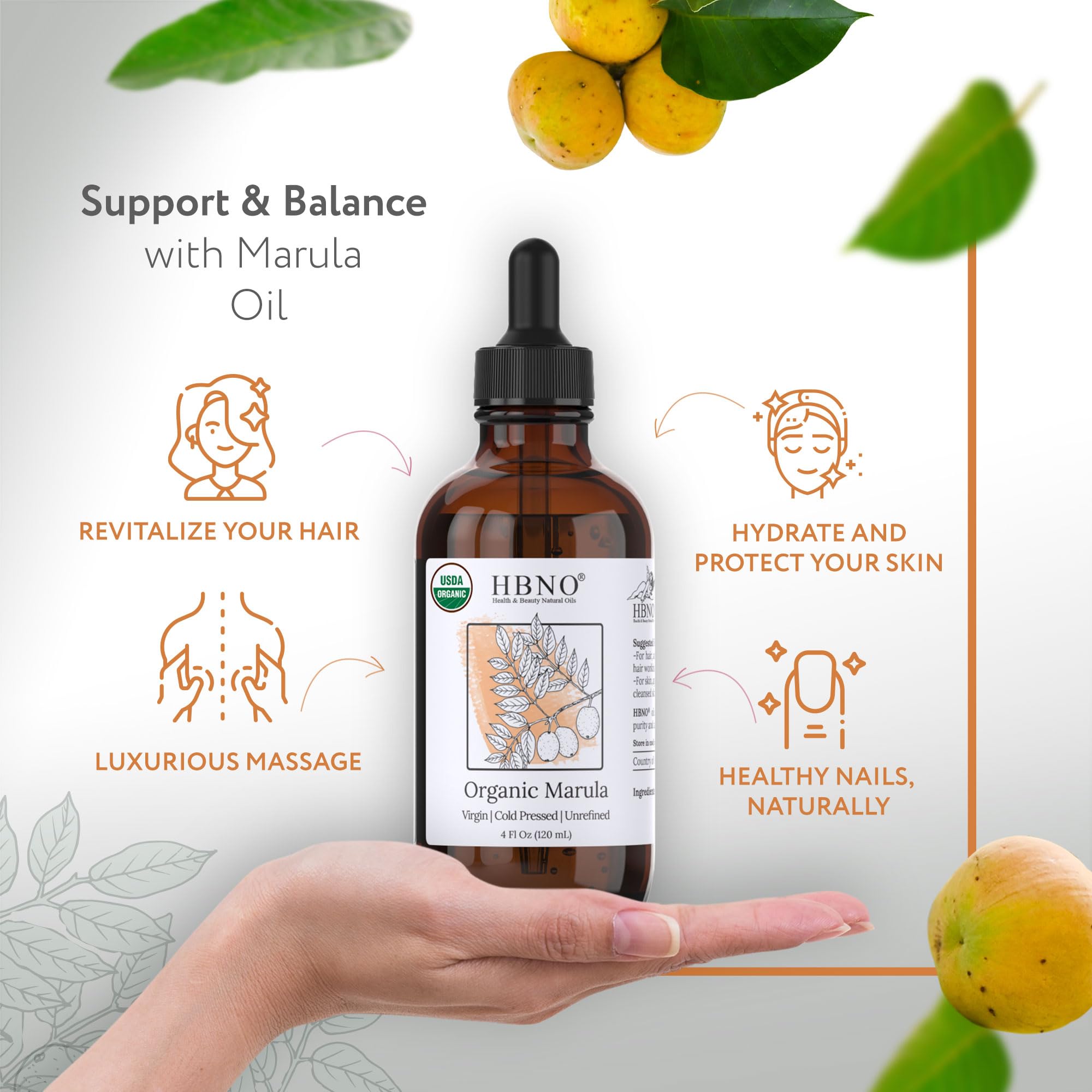 HBNO Organic Marula Oil label closeup showing USDA Organic purity