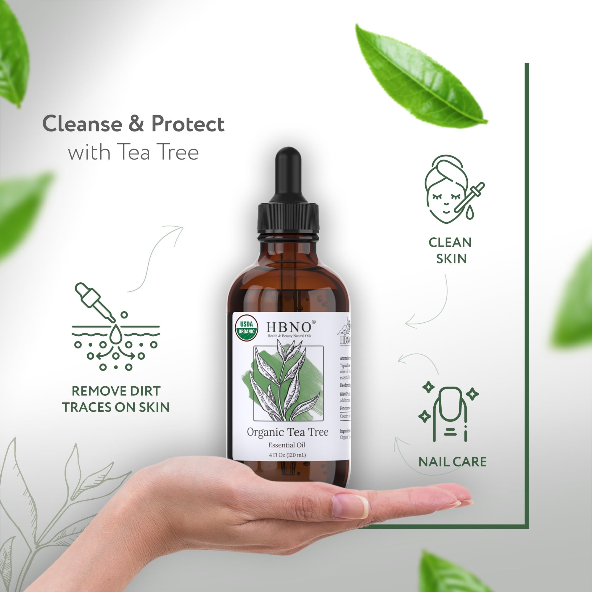 HBNO organic tea tree oil label showcasing USDA certification
