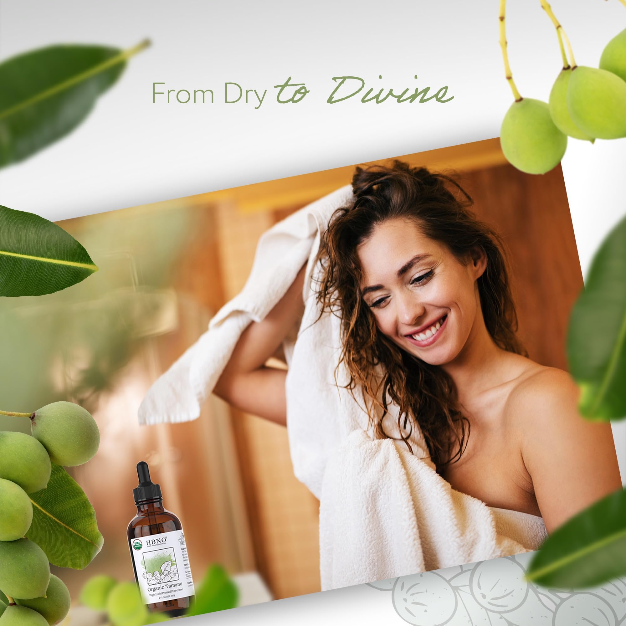HBNO Tamanu Oil versatile for face, hair, and body.