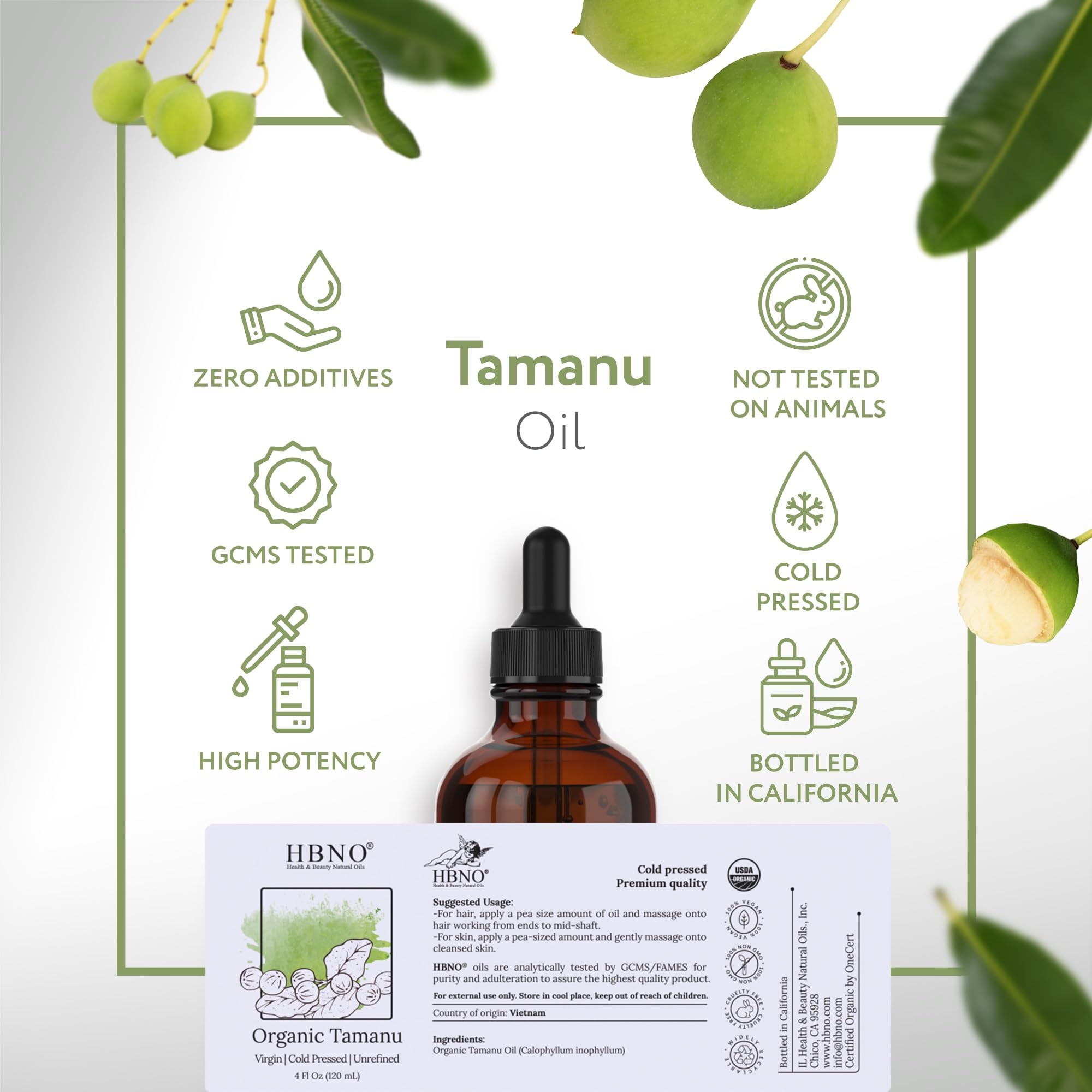 HBNO Tamanu Oil with USDA Organic seal on packaging.
