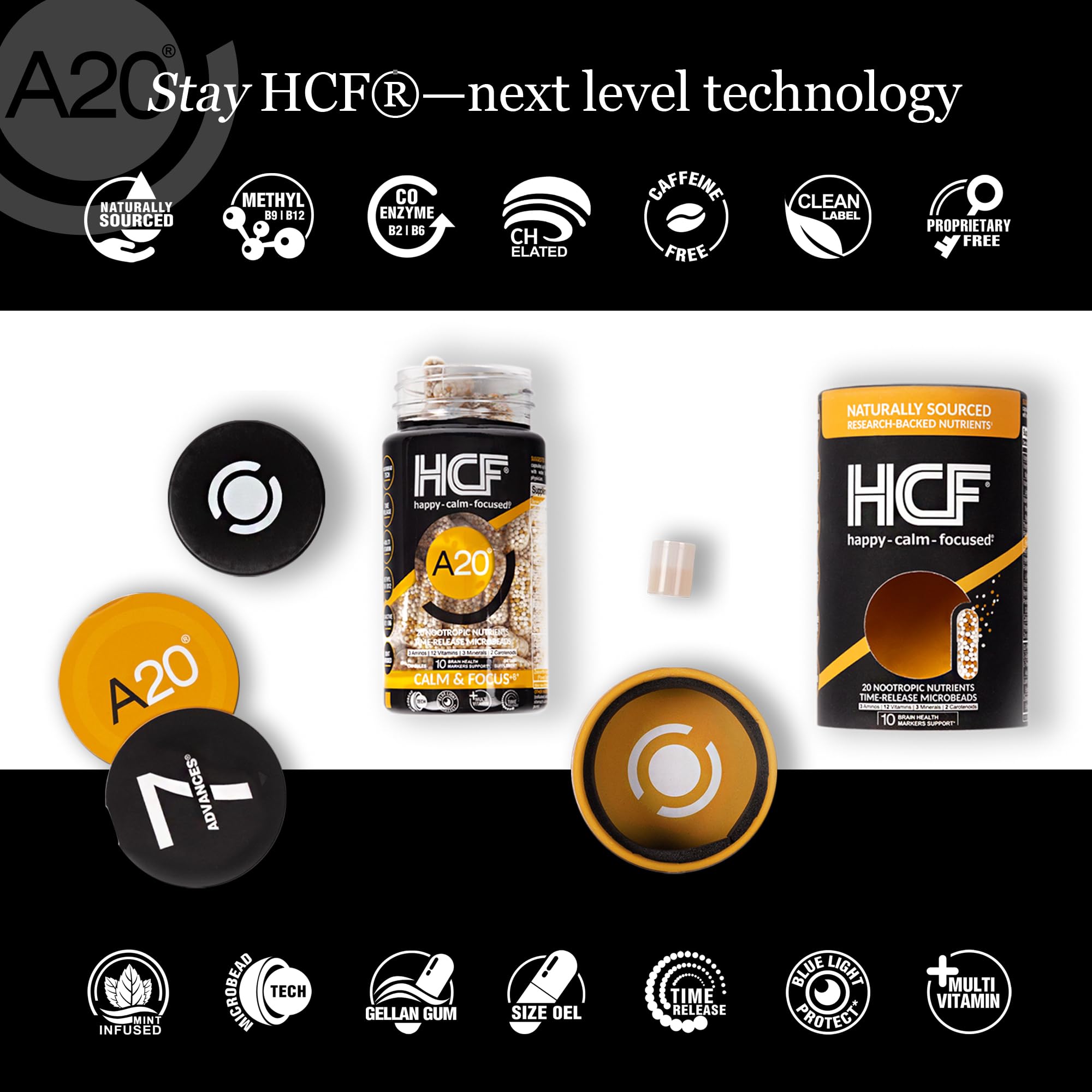 HCF A20 bottle label showcases clean label formulation and vegan capsule technology.