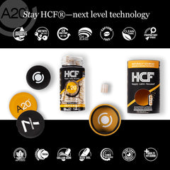 HCF A20 bottle label showcases clean label formulation and vegan capsule technology.