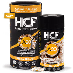 HCF A20 microbead bottle offers sustained brain health support for daily focus.