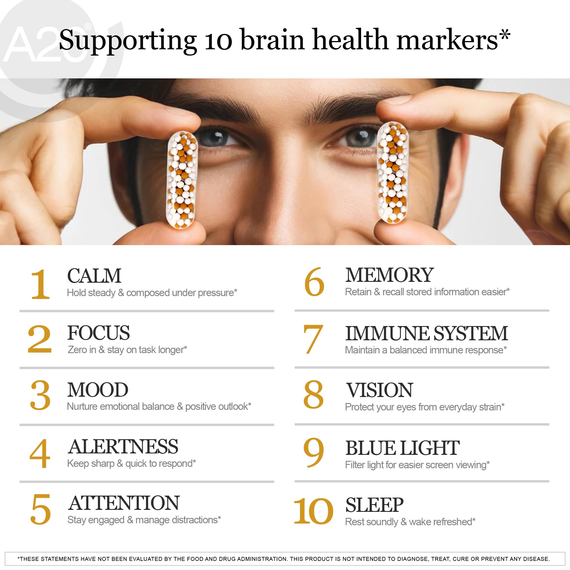HCF A20 time-release microbeads illustrate sustained absorption for daytime cognitive support.