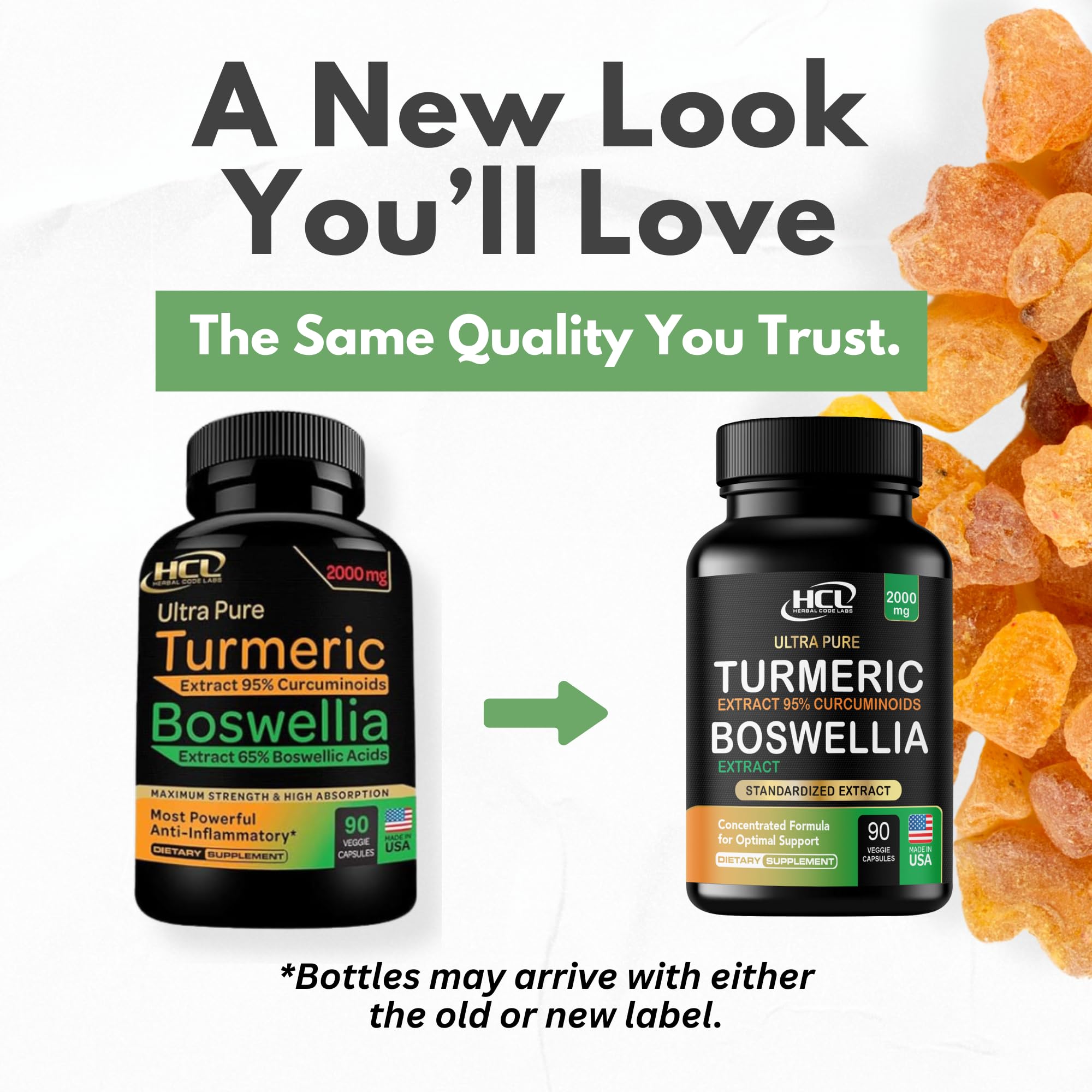 HCL Boswellia Turmeric capsules in glass bottle with subtle glow.