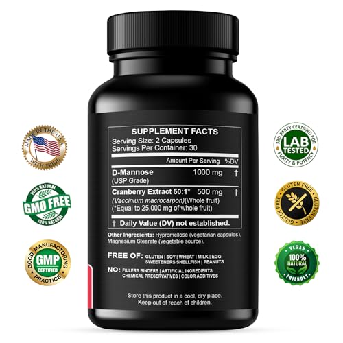HCL D-Mannose cranberry capsules closeup highlighting potency