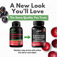 HCL D-Mannose cranberry extract powder bottle showing whole-fruit extract