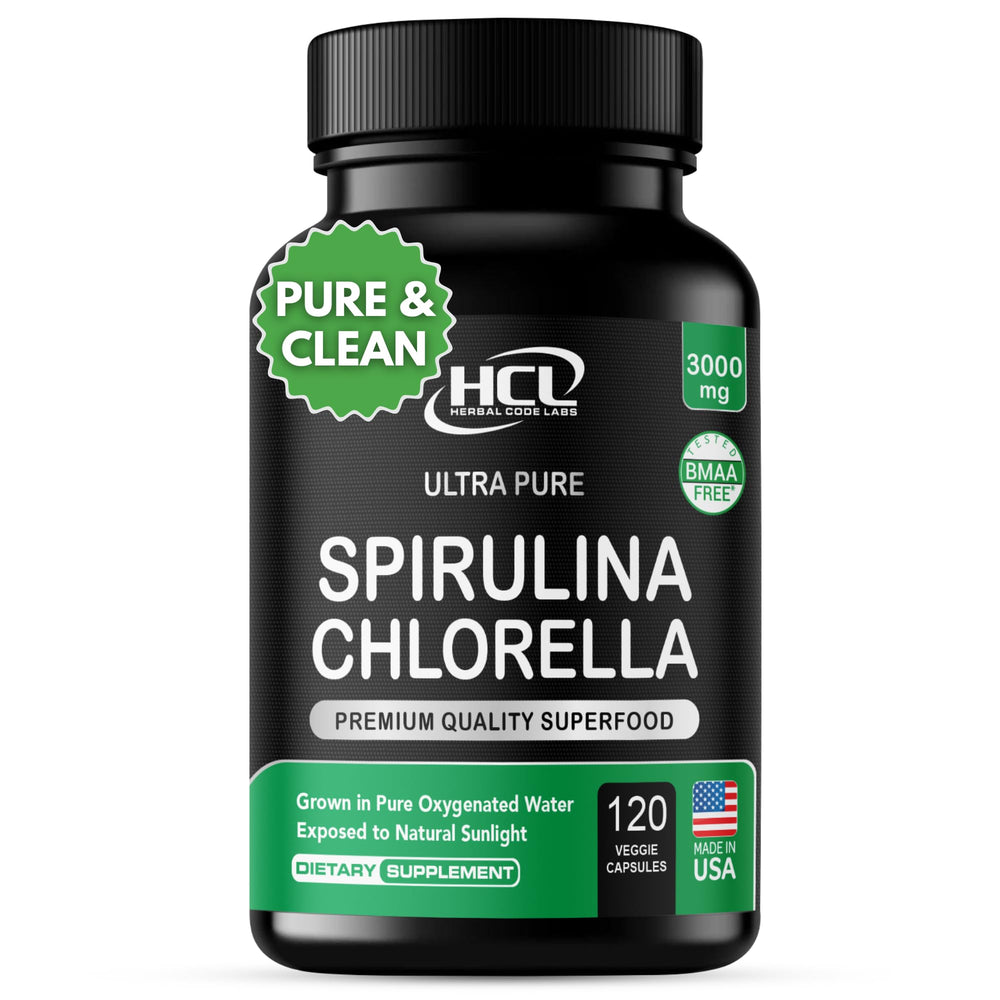 HCL Herbal Code Labs chlorella spirulina capsules bottle for convenient daily nutrition