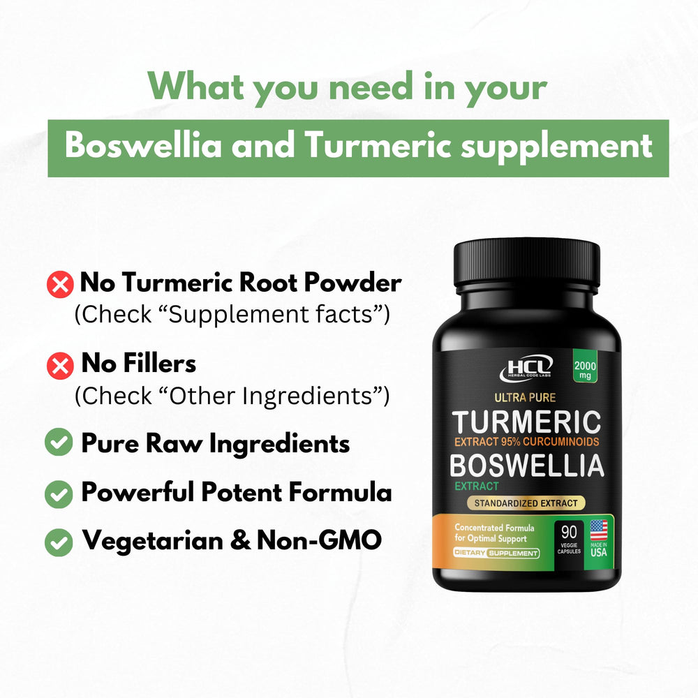 HCL Turmeric Boswellia ingredient panel highlighted for potency.