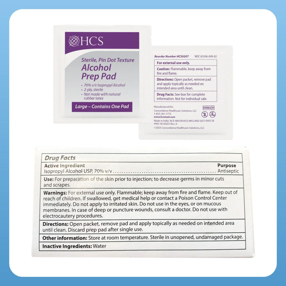 HCS Large alcohol pads in convenient box for ready-to-use hygiene.