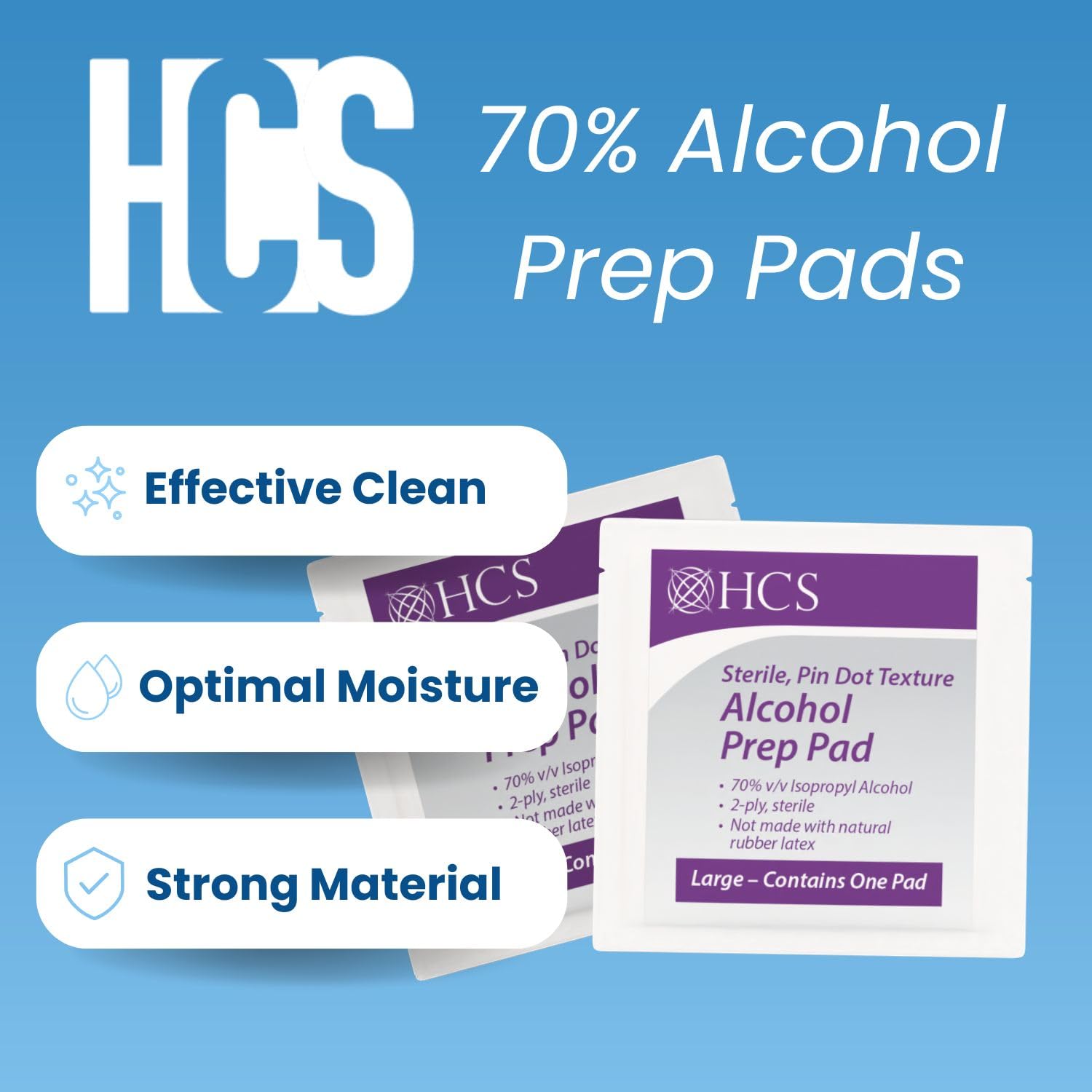 HCS IPA 70% wipes with textured 2-ply surface for effective cleansing.