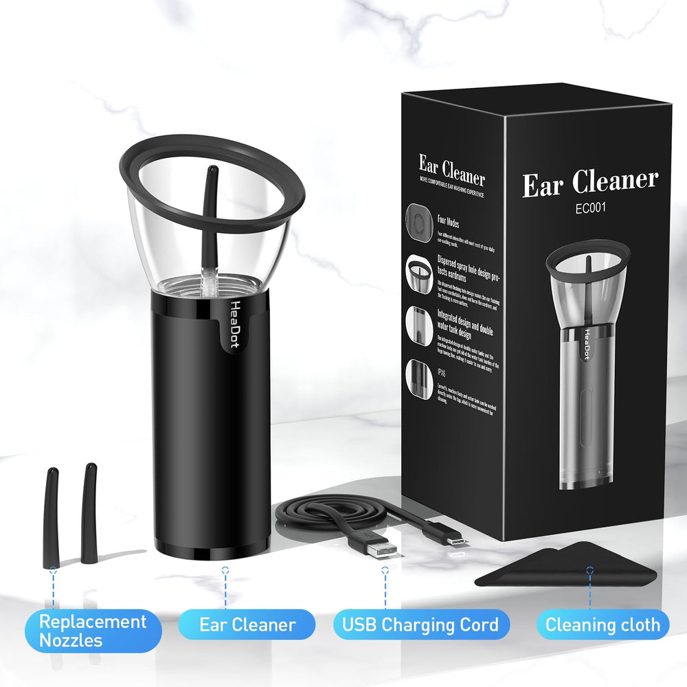 Complete ear lavage kit with earplugs, cloth, and charging cable included.