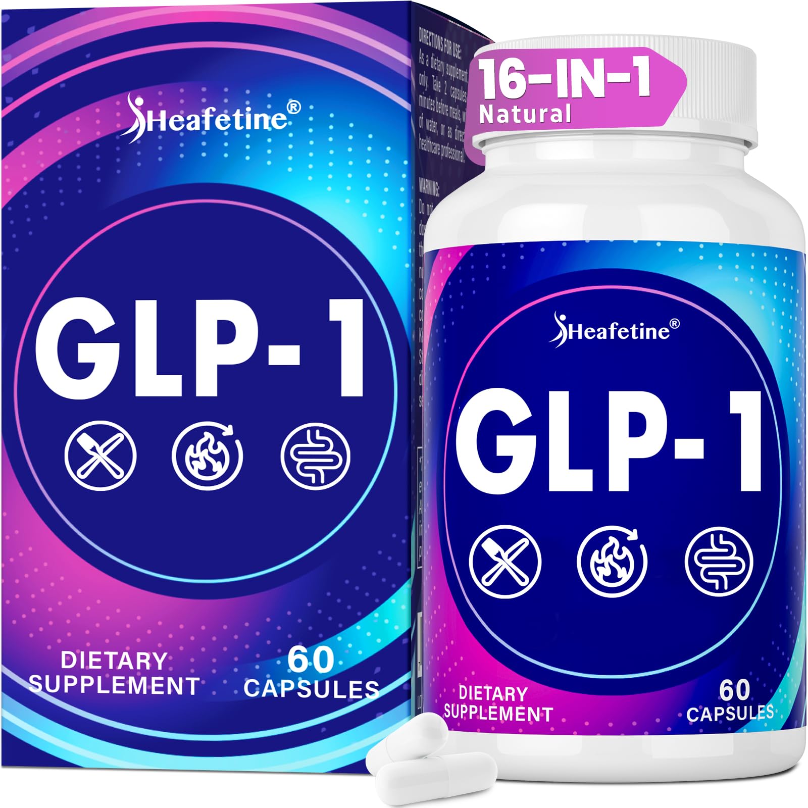Heafetine GLP-1 supplement bottle for daily gut health support.