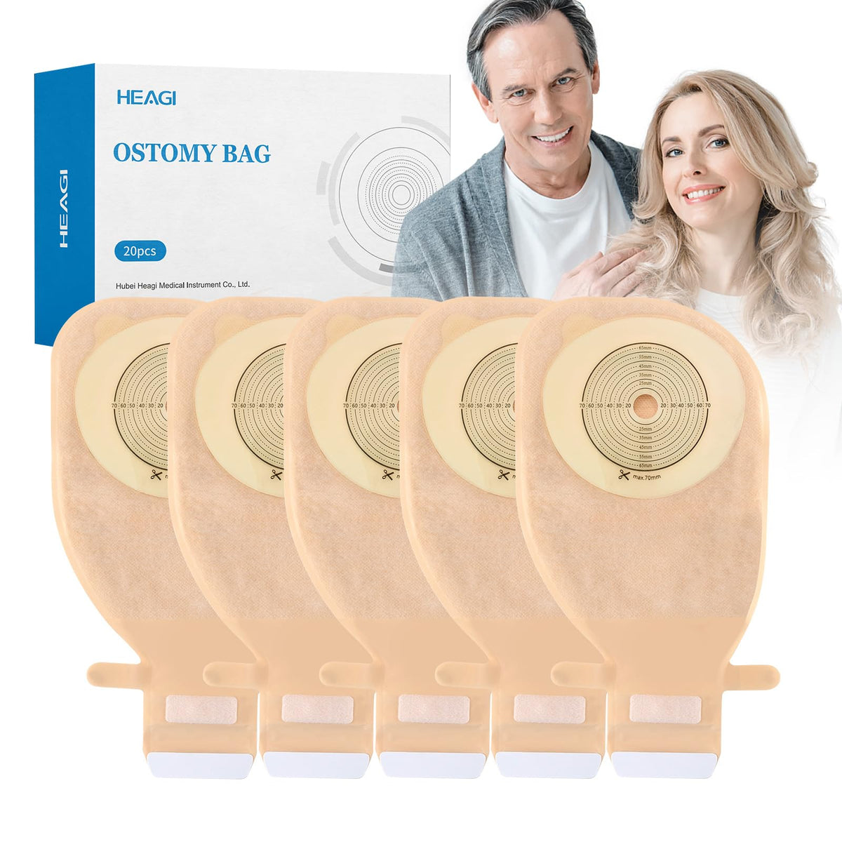 Heagimed 20-pack colostomy bags in package view for daily ostomy care