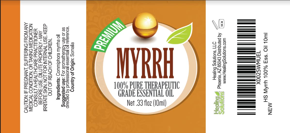 Healing Solutions myrrh bottle 10ml for mood uplift and warm aroma.