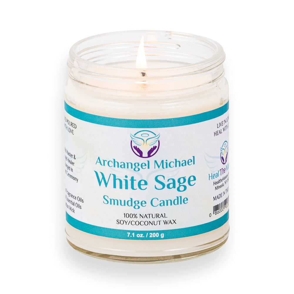 Heal The Masses White Sage Candle packaging showcases premium natural fragrance for cleansing spaces.
