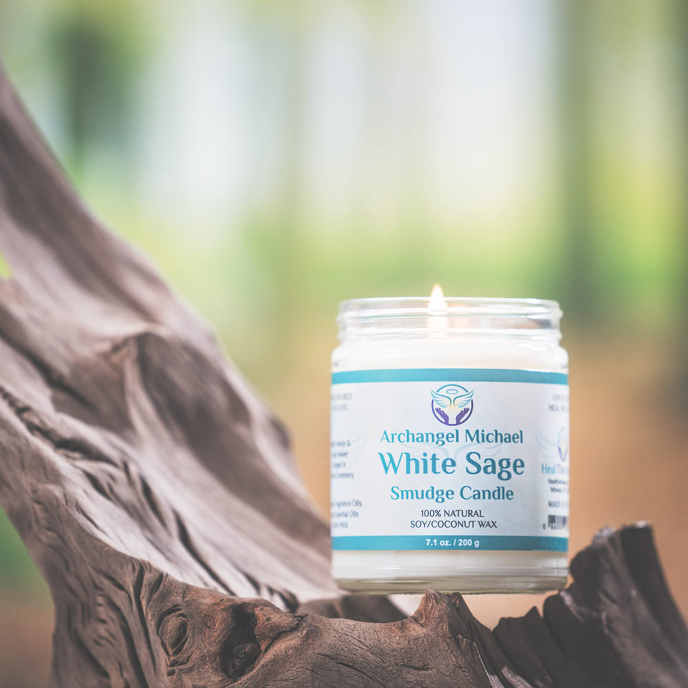 Heal The Masses White Sage Candle on store display highlights natural fragrance and artisan craft.
