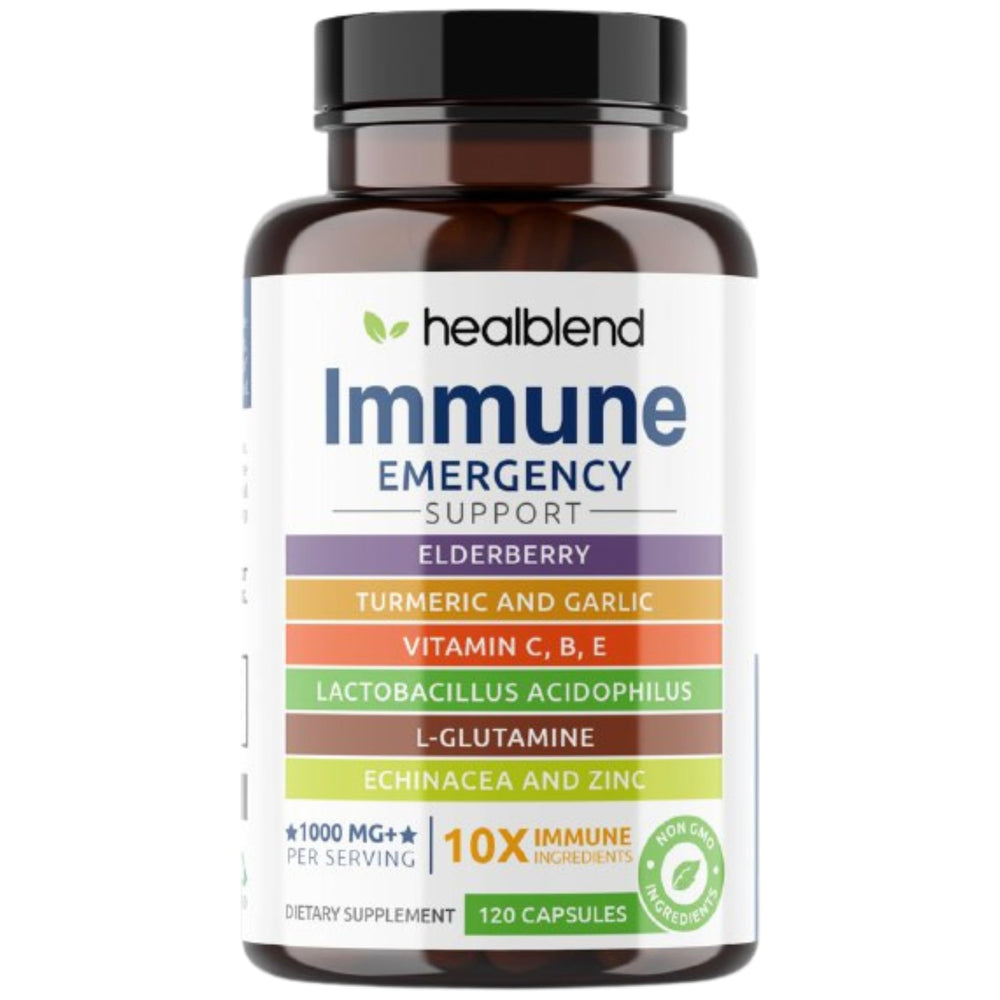 healblend 10 in 1 immune bottle front: dense immune support visuals for adults