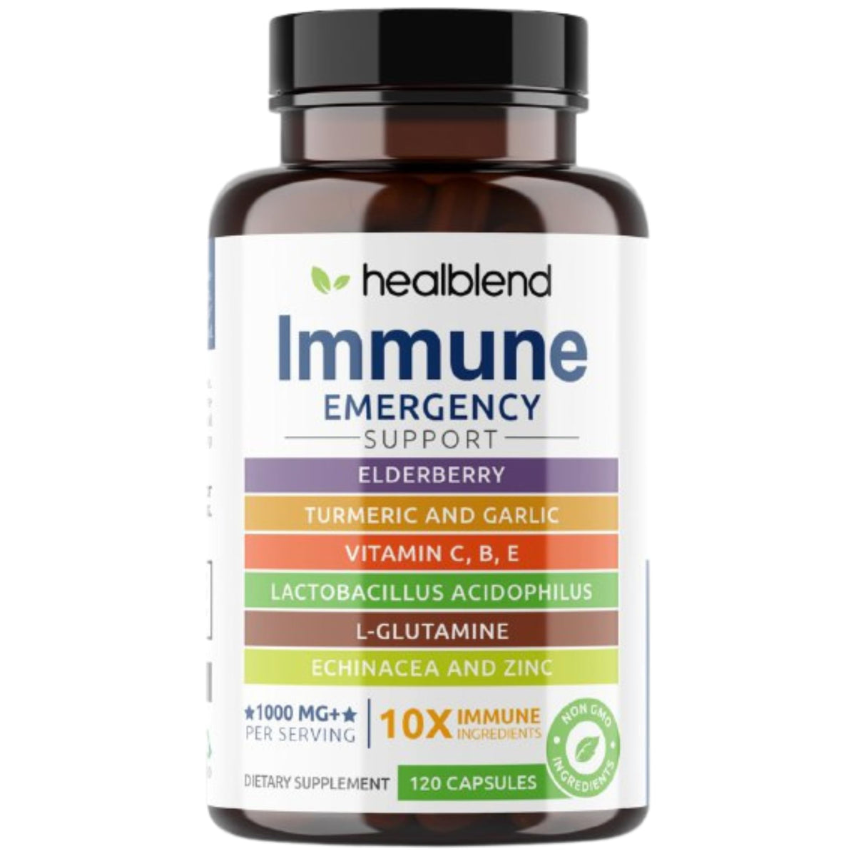 healblend 10 in 1 immune bottle front: dense immune support visuals for adults