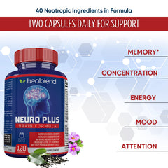 Healblend Neuro Plus capsules closeup for easy daily brain support.