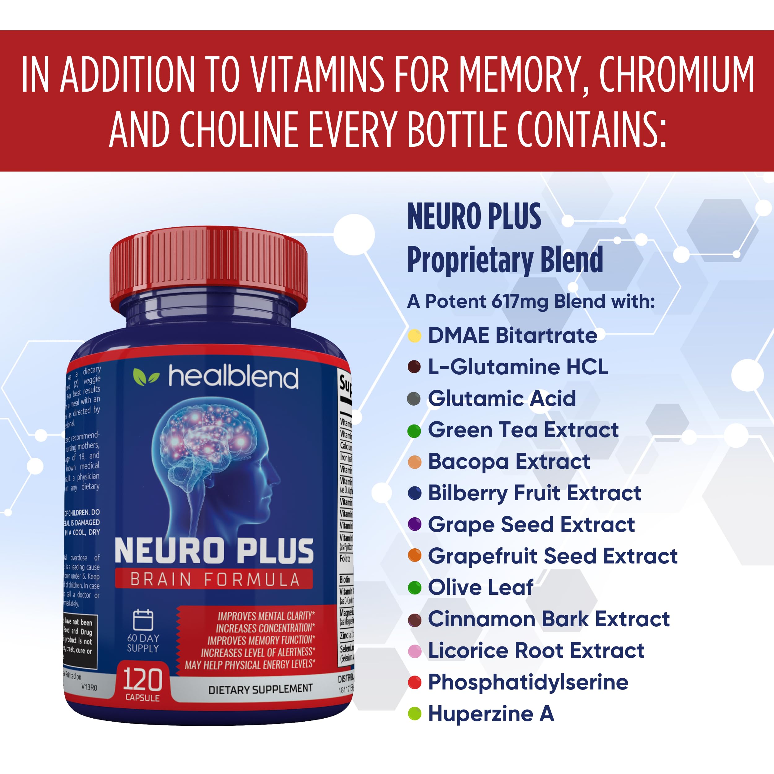  Healblend Neuro Plus bottle beside study notebook for improved concentration.