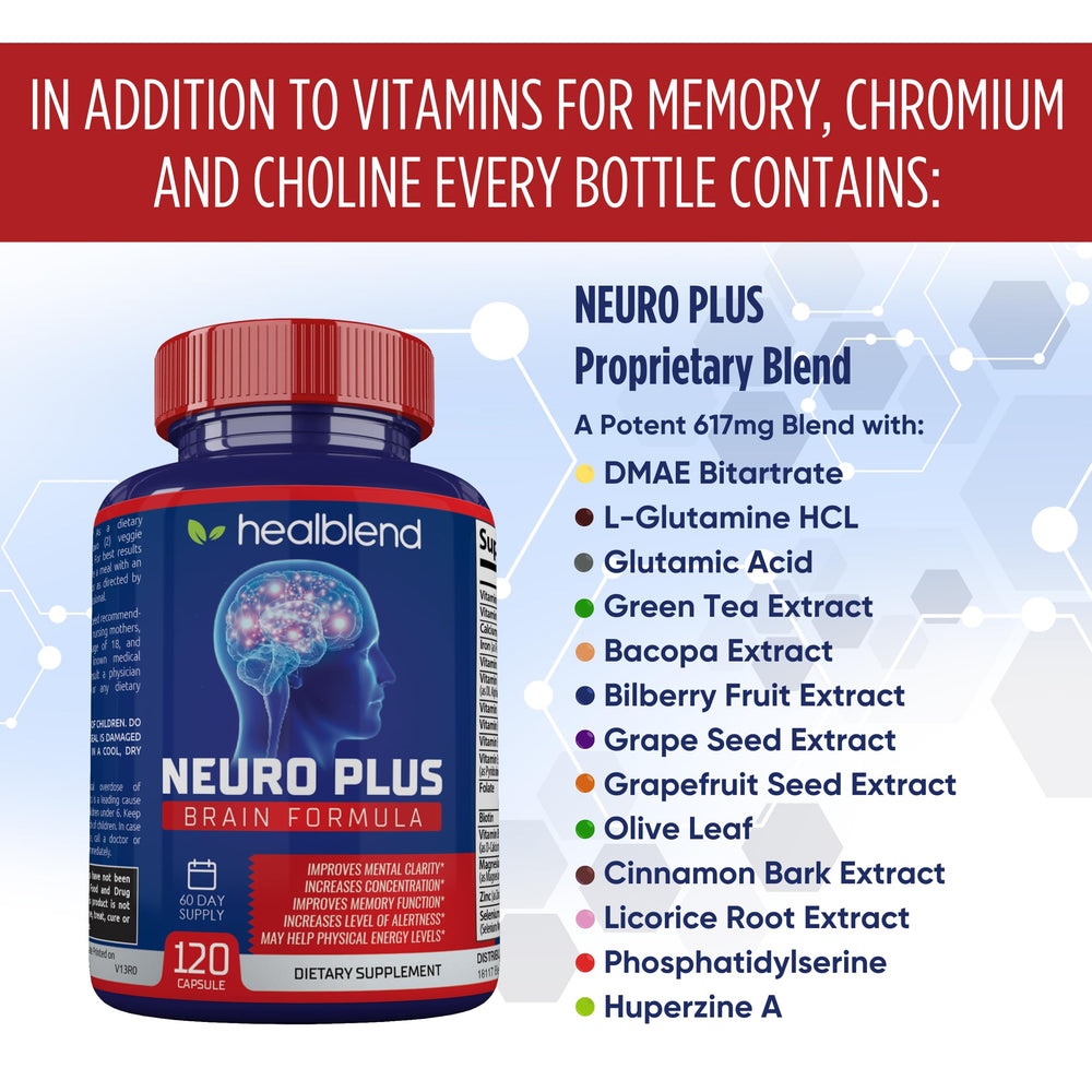  Healblend Neuro Plus bottle beside study notebook for improved concentration.