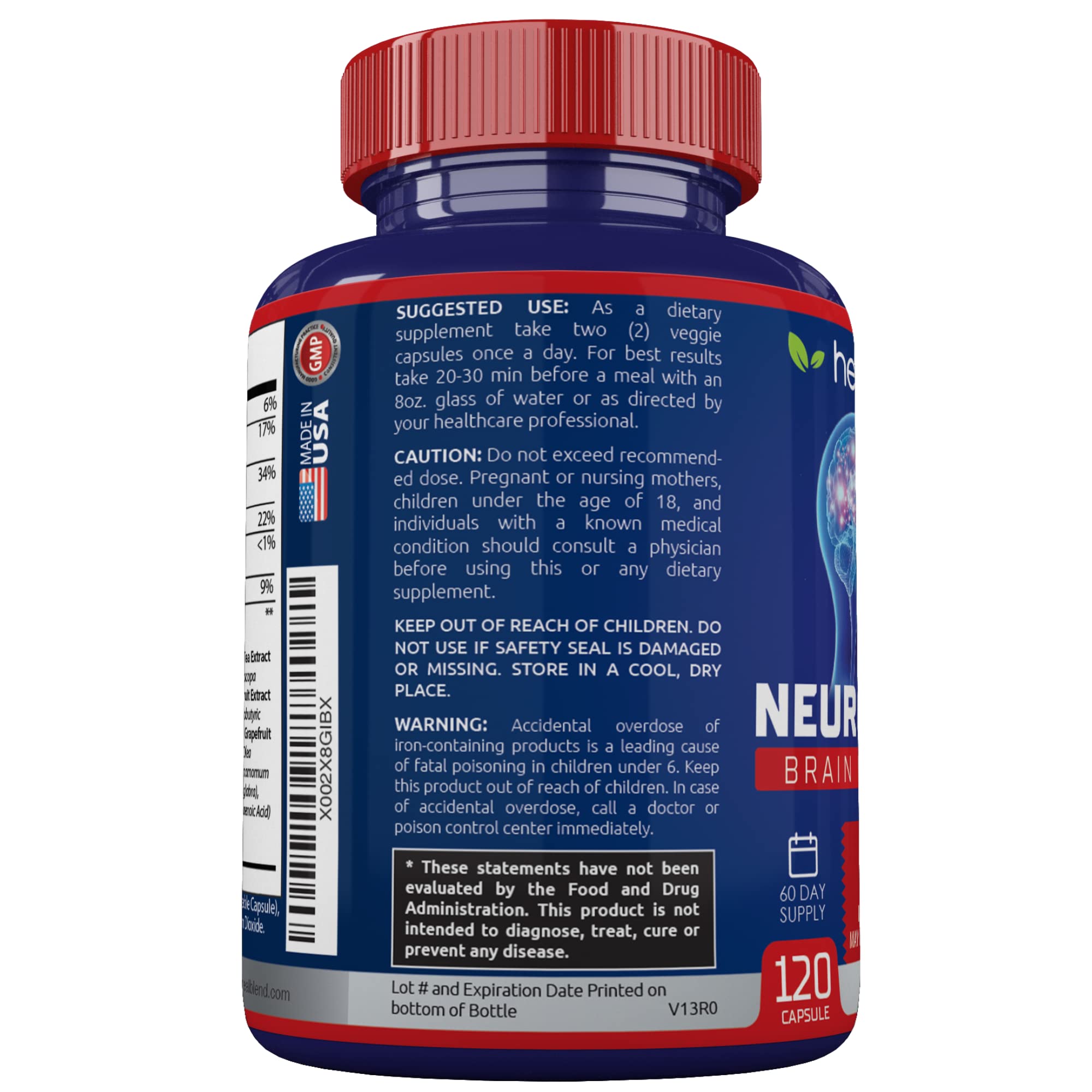 Healblend Neuro Plus bottle with green tea extract note for natural ingredients.
