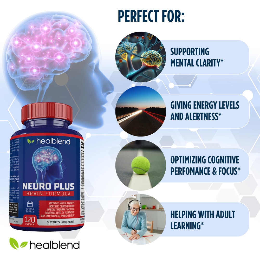 Healblend Neuro Plus label details highlight vitamins and cognitive support.