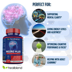Healblend Neuro Plus label details highlight vitamins and cognitive support.